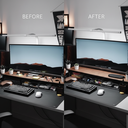 Walnut Wood Computer Riser with Drawers Desktop Storage Rack Double-Layer Monitor Stand Modern Office Space Saving Organizer